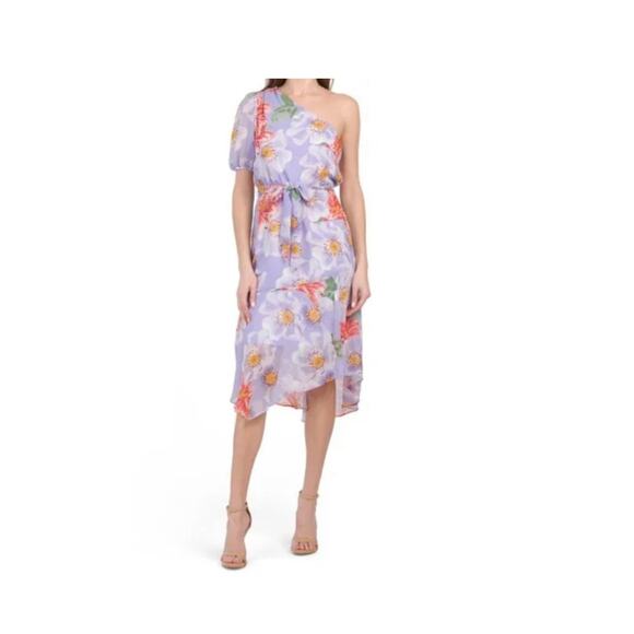 Julia Jordan Floral One Shoulder Asymmetric Midi Dress Lilac Multi Fairy Wedding - Picture 1 of 8